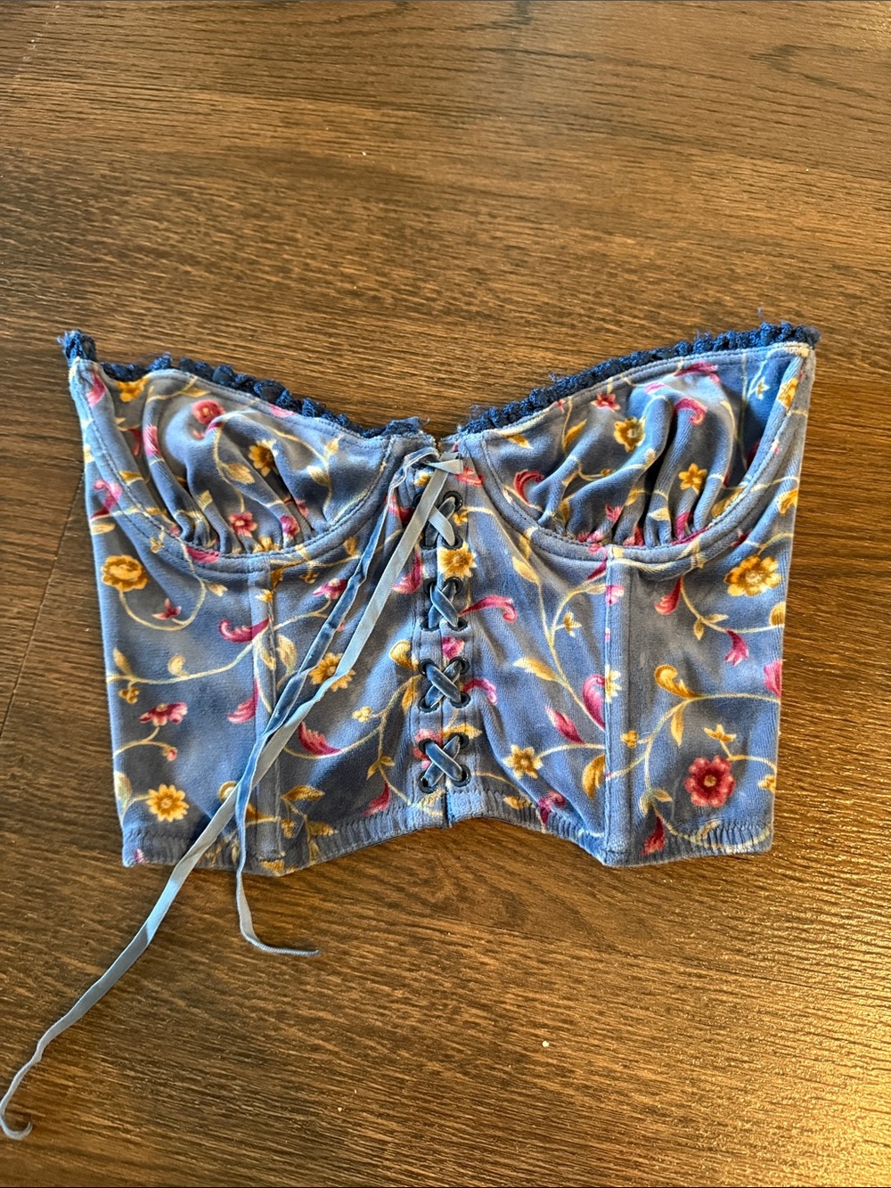 Blue Floral Velvet Lace-Up Bustier Top - Victorias Secret Vintage Corset